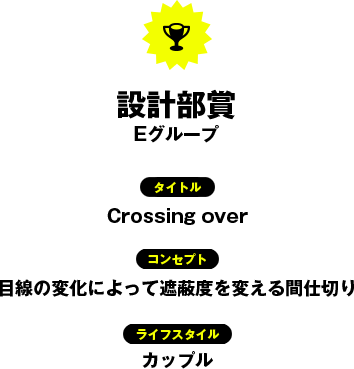 設計部賞　Eグループ／タイトル：Crossing over／コンセプト：目線の変化によって遮蔽度を変える間仕切り／ライフスタイル：カップル