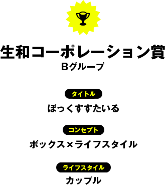 生和コーポレーション賞　Bグループ／タイトル：ぼっくすすたいる／コンセプト：ボックス×ライブスタイル／ライフスタイル：カップル